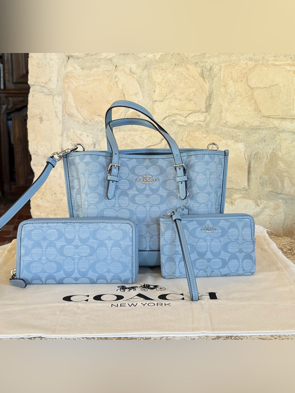 Coach Light Blue Signature Tote with Wallet and Wristlet Set